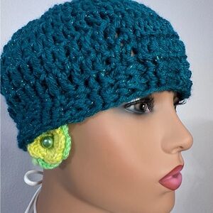 Handcrafted Teal Crochet Beanie with Yellow Flower Accent